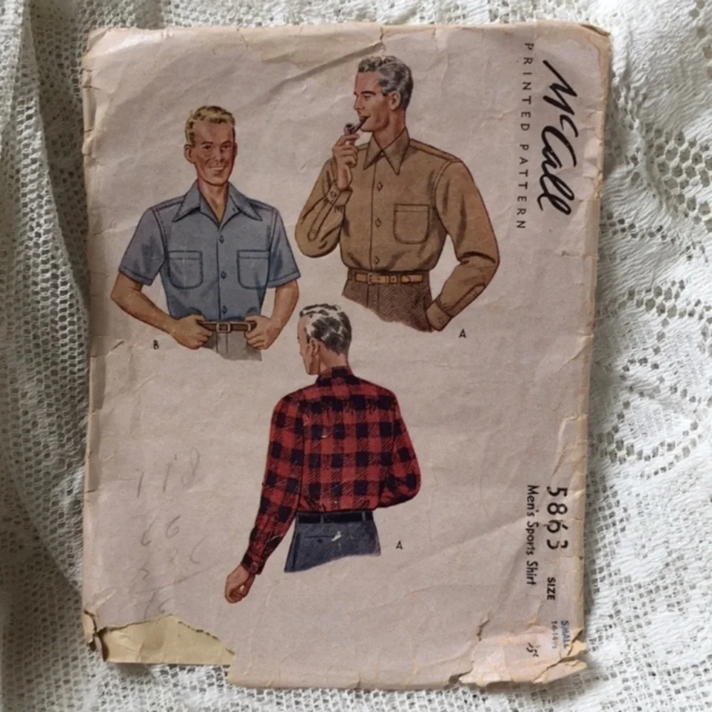 1940s McCall 5863 men’s shirt sewing pattern, neck 14-14 1/2, vintage